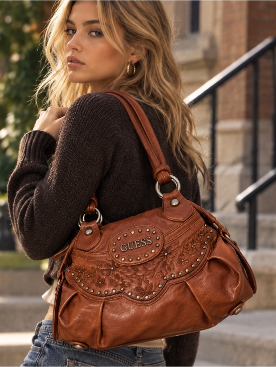 Guess Handbags - Vintage Y2K GUESS Brown Embroidered Studded Shoulder Satchel Bag